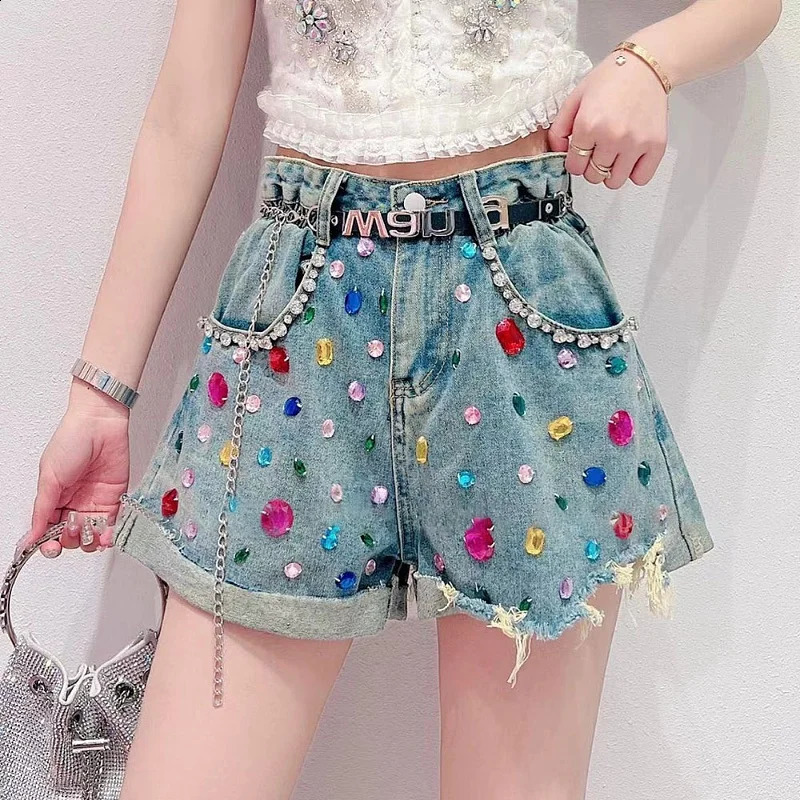 Bling Diamond Denim Shorts Womens Streetwear n Hole Sequin Fashion All-Matched Jeans Shorts Summer Casual Loose Pants 250411