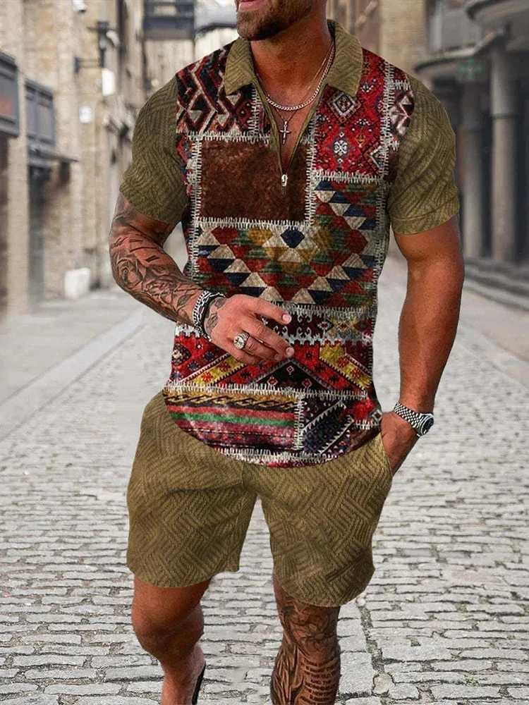 Summer luxury pattern 3D printed mens sportswear set casual zipper polo shirt and shorts 2-piece set fashionable streetwear mens clothingXJ250412