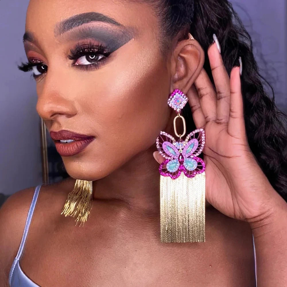 Shiny Purple Butterfly Tassel Earrings Y2k Elegant for Women Crystal Pendant Earrings Charms Jewelry Tending 250411