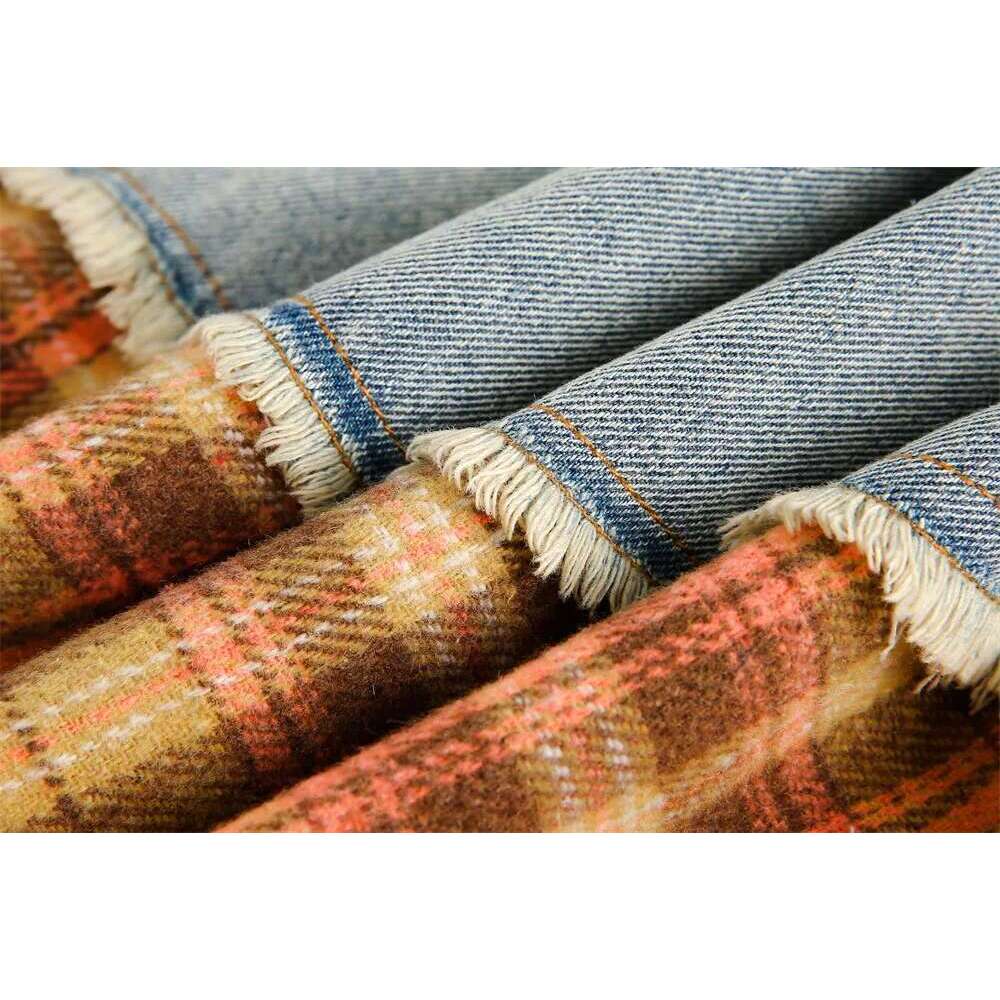 Denim Plaid Spliced Mens Washed Distressed Autumn High Street Lapel Pocket Single Breasted Long Sleeve Shirts