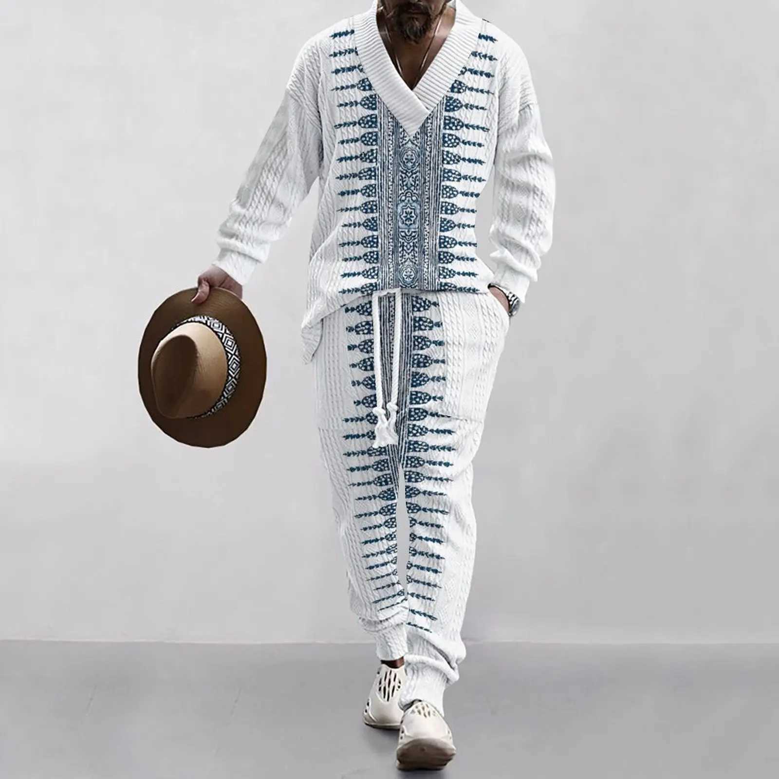 Mens retro technology printed traditional fabric loose V-neck casual long sleeved mens dressXJ250412