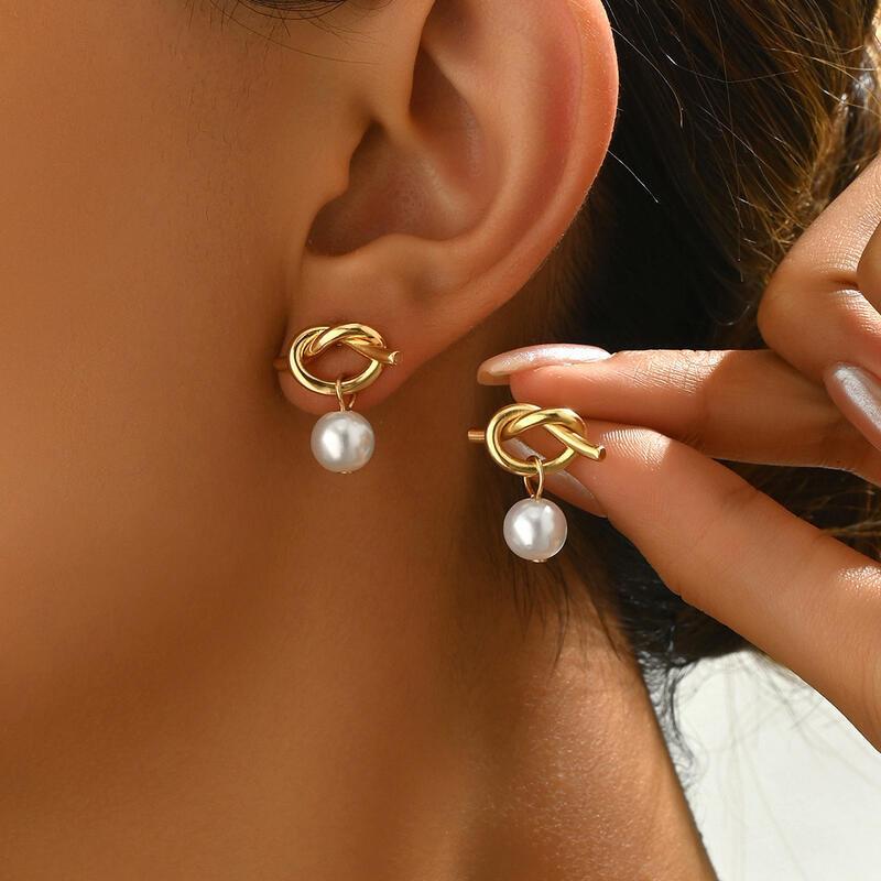 Elegant Gold Knot Stud Earrings with Pearl Drop
