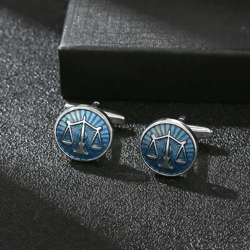 2024 Blue Paint Balance Scale Round Cufflinks Lawyer Set Mens Shirt Accessories High Quality Alloy Cufflinks Business GiftsT250412