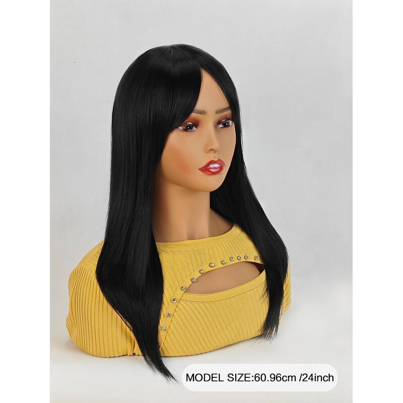 Long Natural Women,Natural Black Wigs with Bangs Layered Shoulder Length Synthetic Wig for Daily Party (24 inch)