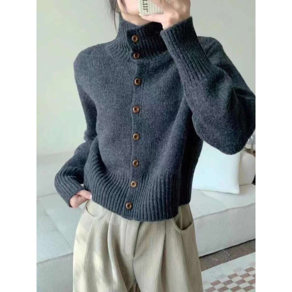 Designer Bag French New Turtleneck Short Cashmere Knit Cardigan Women's Autumn And Winter Loose Bottom Sweater Wool Coat
