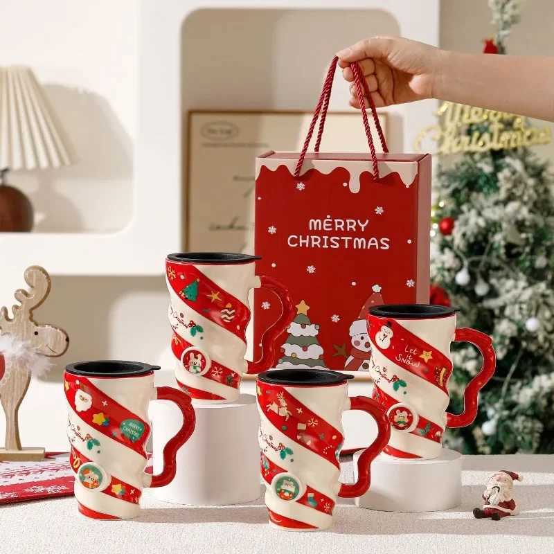 Christmas 2025 New Christmas ceramic cup threaded reindeer large capacity creative mug with lid gift box cup cross-border Christmas gift Y Y251112