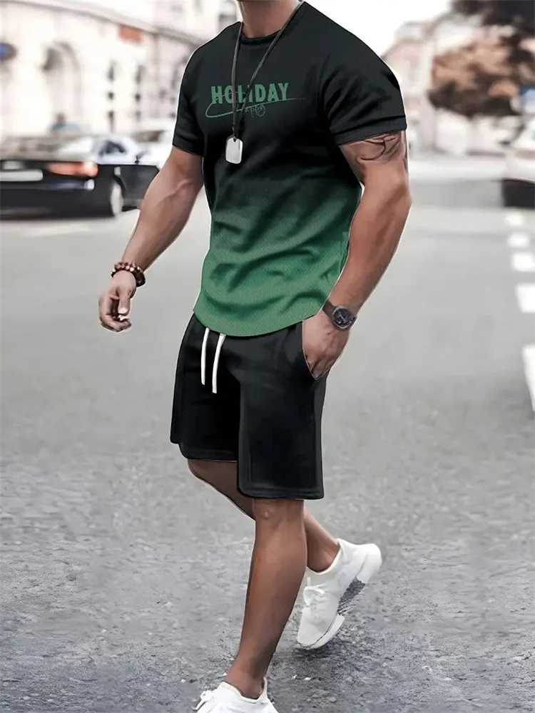 2025 New Summer Mens Sportswear Mens Loose Fashion Clothing 3D Printed T-shirt Mens Simple Fashion Set LiXJ250412