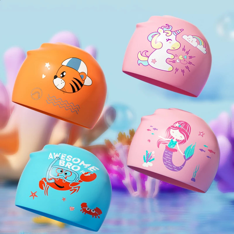 Cartoon Cute Childrens Silicone Swimming Cap Boys Girls Professional Ear Protection Swim Cap for Kids Children Swmming Hat 250411