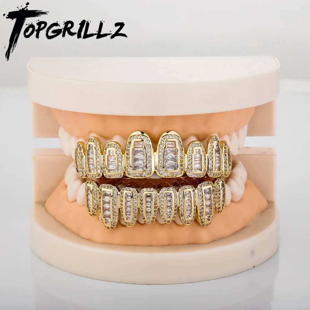 TOPGRILLZ Ice Sparkling Baguette Round Polyester CZ Tooth Matte 8 Top 8 Bottom Teeth Set Vampire Matte Mouth Jewelry W250412