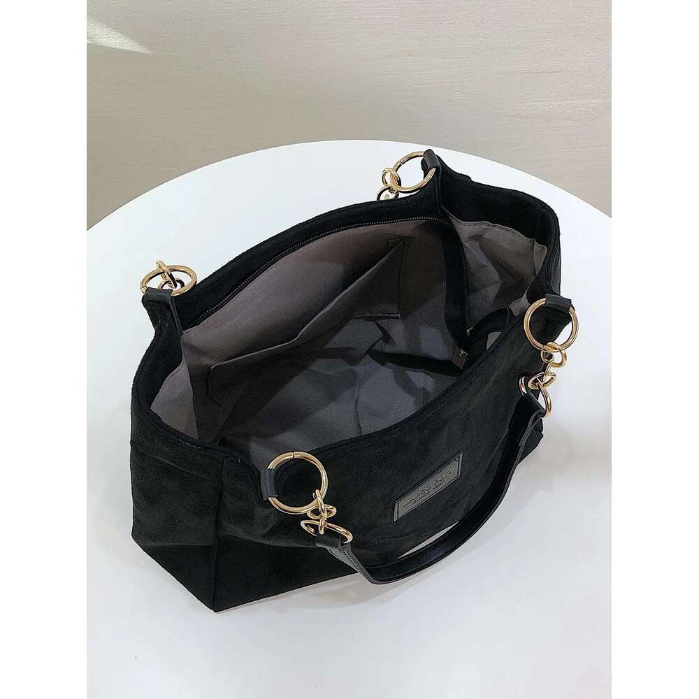 Stylish Suede Shoulder Bag, Letterstick Details Chain Trim Handbag, Lady High Volume Tote Bag
