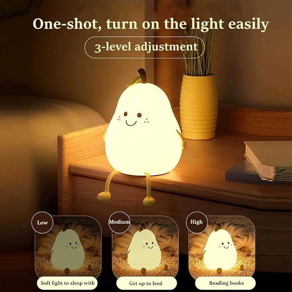 Childrens night light pear shaped cute silicone night light 7-color dimmable night light USB charging bedroom 250411