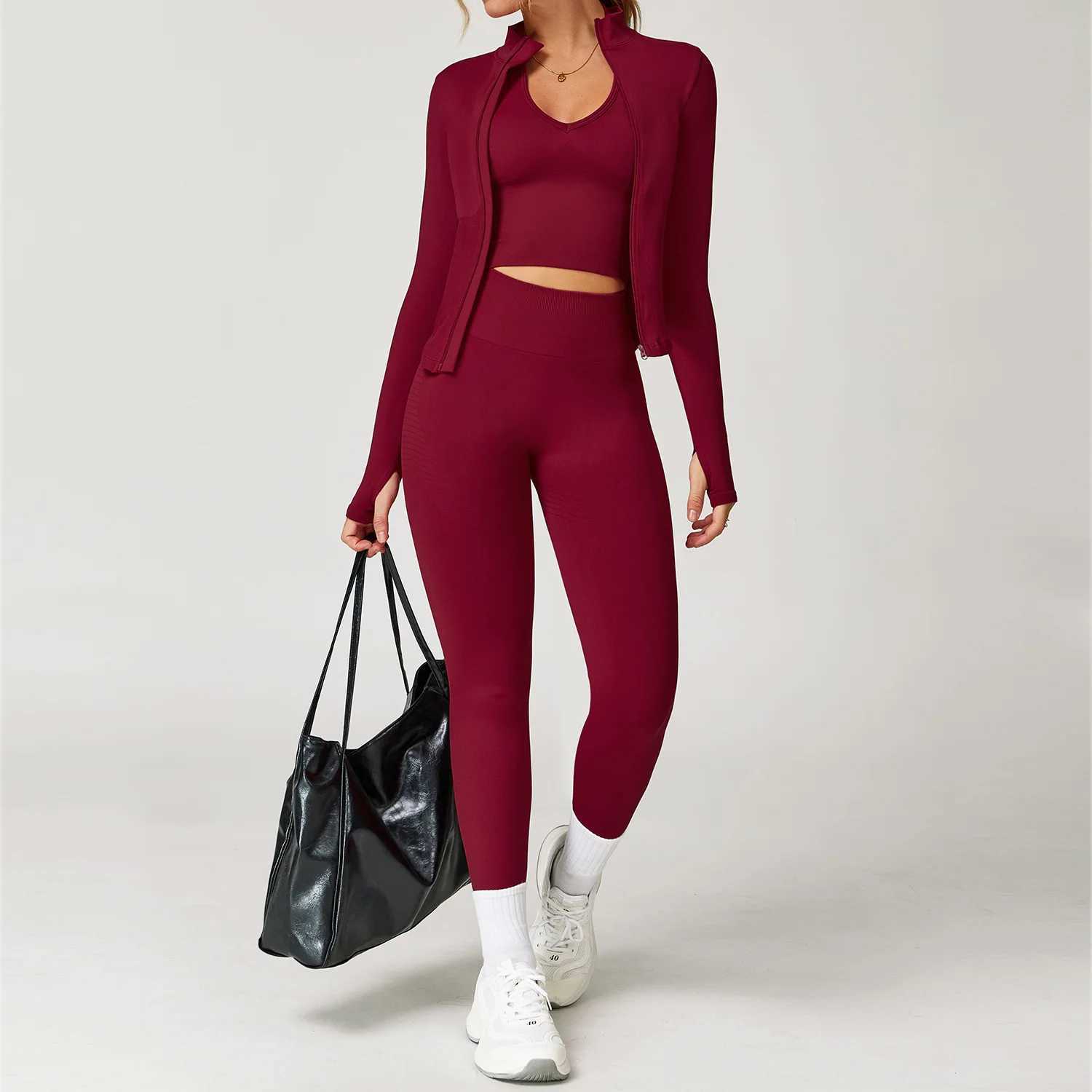 Seamless Gym Set Workout Clothes 2/3PCS Yoga Set Womens Sportswear Fitness Leggings Sports Bra Athletic Long Sleeve Yoga Suit J251112