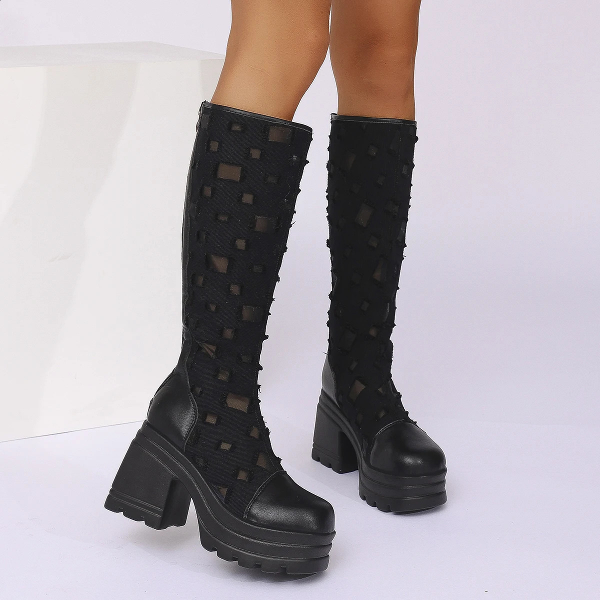 Women Boots 2025 Summer Denim Canvas Thick Soled Boots Breathable Hollow Mesh Inner Heightening Cool Boots Slides Women 250411