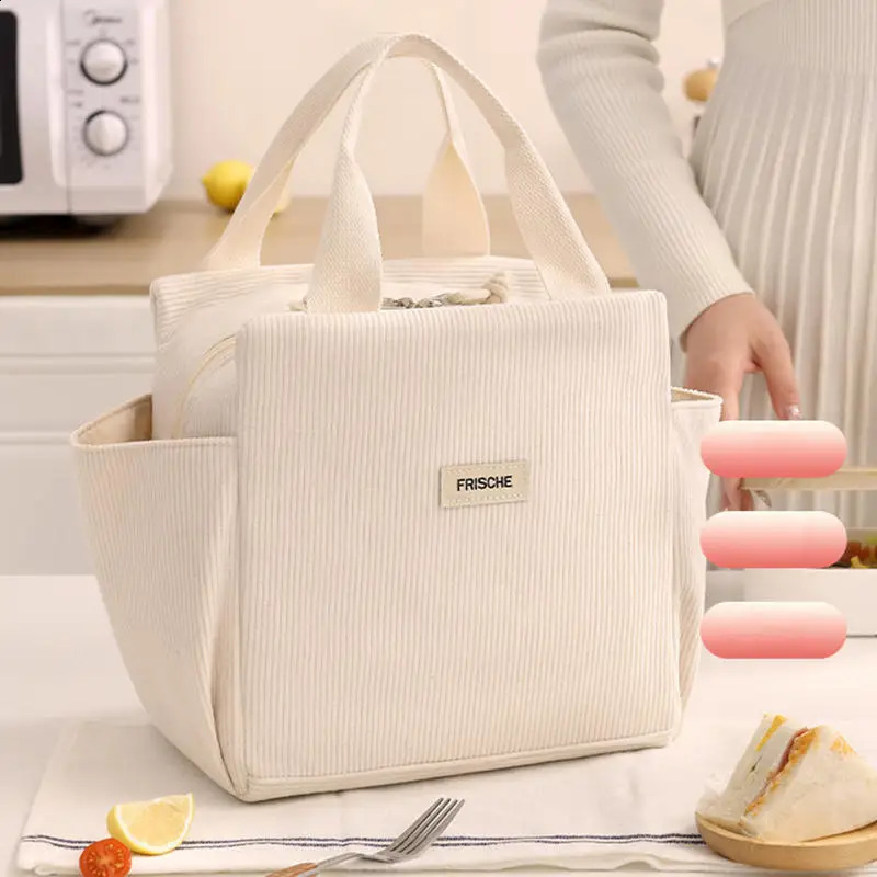 Corduroy lunch bag thermal insulated lunch box storage bag multifunctional school cooler bag picnic bag 250410