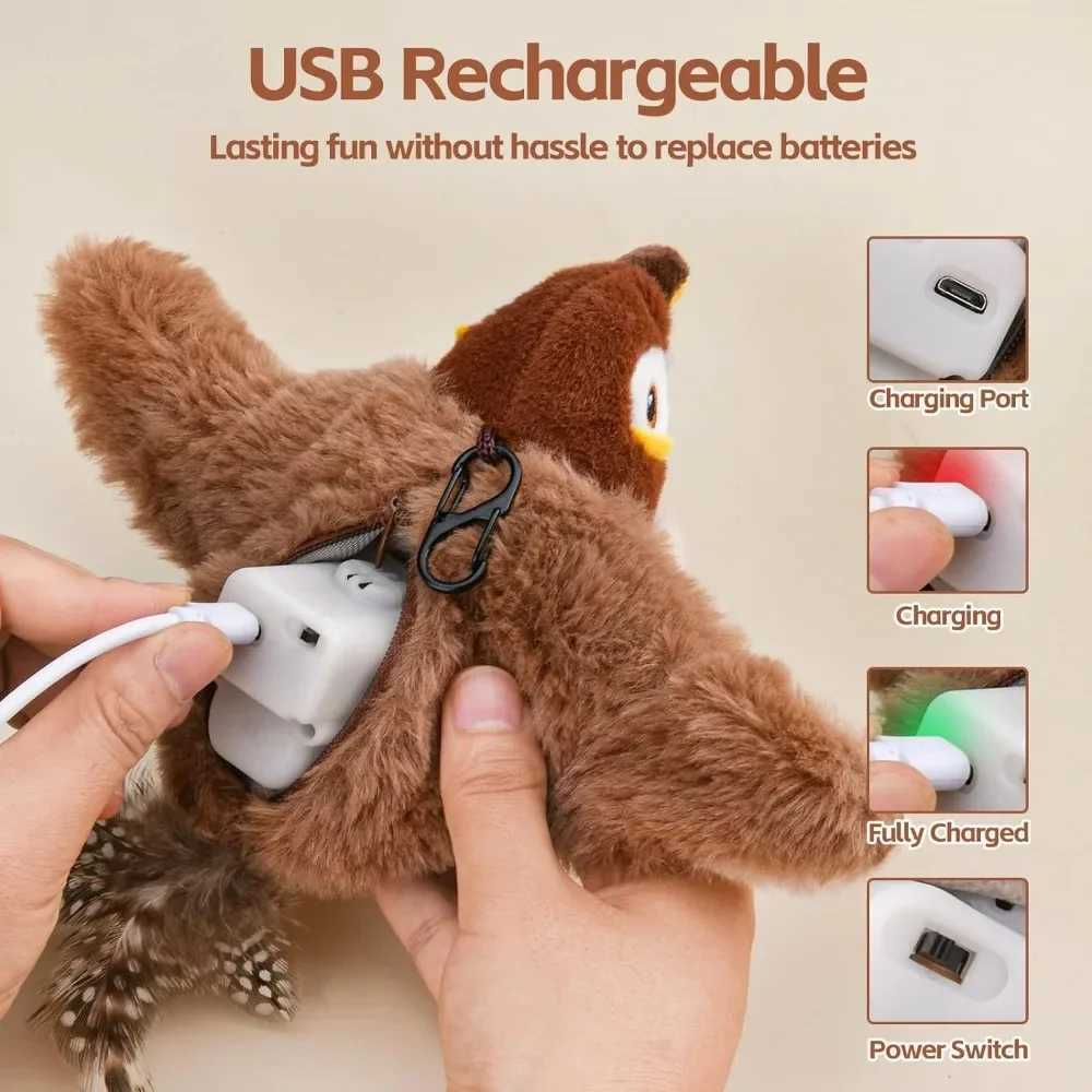 New interactive cat toy rechargeable bird cat toy spine flip bird (not flying) can add cat claws touch activated plush toy Y250412