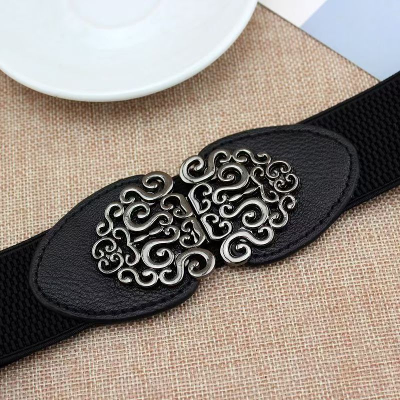 Elastic waistband, ladies' gun, black metal buckle, decorative belt, skirt, fit, versatile, elastic band, carved slim waist seal