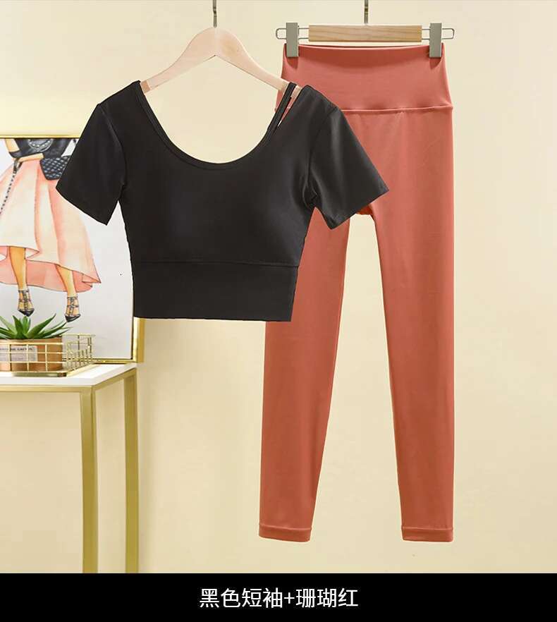 Women's Suit Short Sleeve Top Yoga Shirt Sports T-shirt Running Fiess Leggings Gym Set