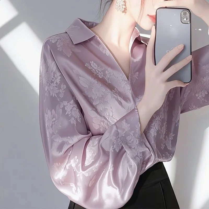Womens Long Sleeve Shirt Purple Satin Jacquard Pullover Spring Autumn Loose Blouses Shirt Fashion Blouse Unique Beautiful 250411