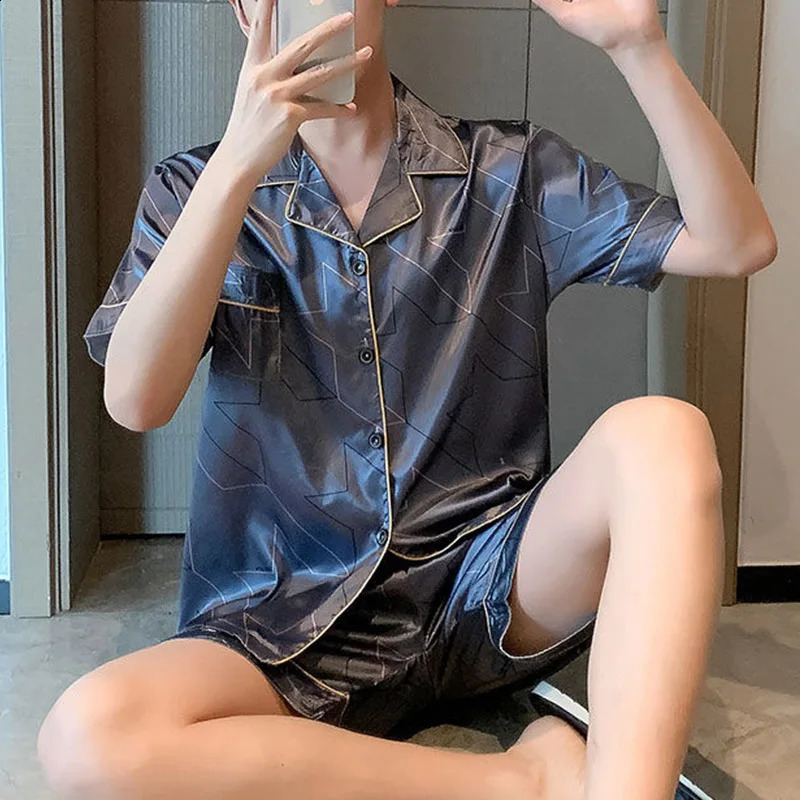 Mens Pajama Set Summer Pajama Ice Silk Short Sleeve Pajama Set Loose Casual Mens L-5XL 250411