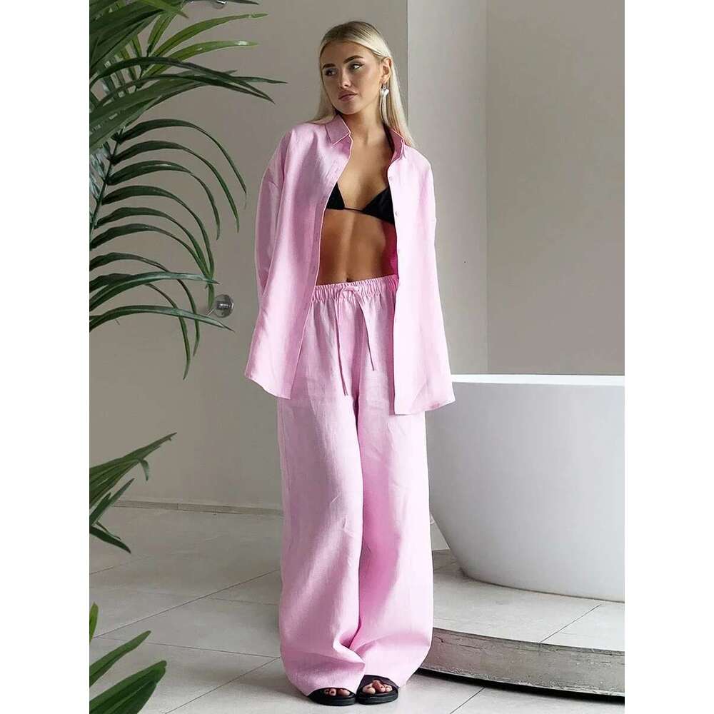 Designer Clothes Wolfeel Casual Shirt Sets 100% Cotton Women's Solid Color Cozy Lapel Long Sleeve Summer Outfit Elastic Waist Pants Suits