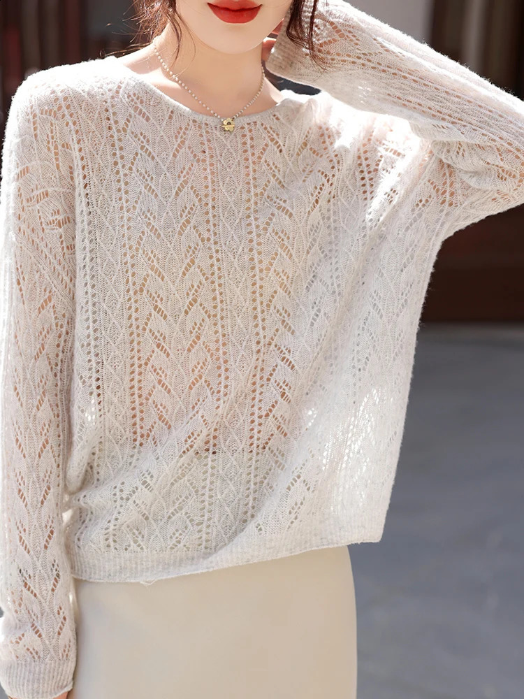 2025 Spring/Summer Arrival Hollow Out Oversize Womens Sweater Cashmere O-Neck Wool Loose Knitted Lady Clothes Fashion Trend 250411