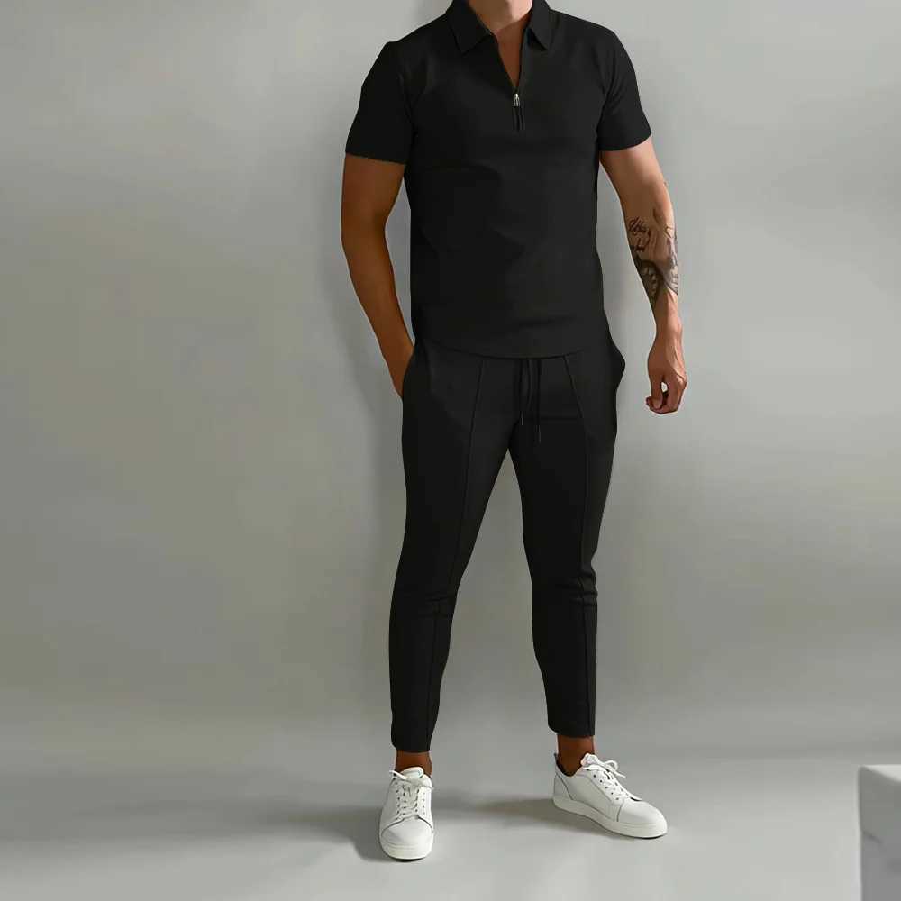Spring/Summer New Mens Polo Shirt Short Sleeve Pants Set Solid Color Simple Fashion Lightweight Daily High Quality Mens WearXJ250412