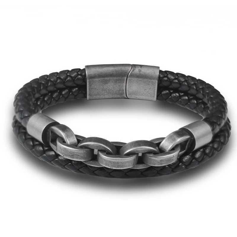 2025 Fashion Multi layered Stainless Steel Charm Viking Leather Bracelet Mens Woven Bracelet Punk Jewelry Homme AccessoriesC250411