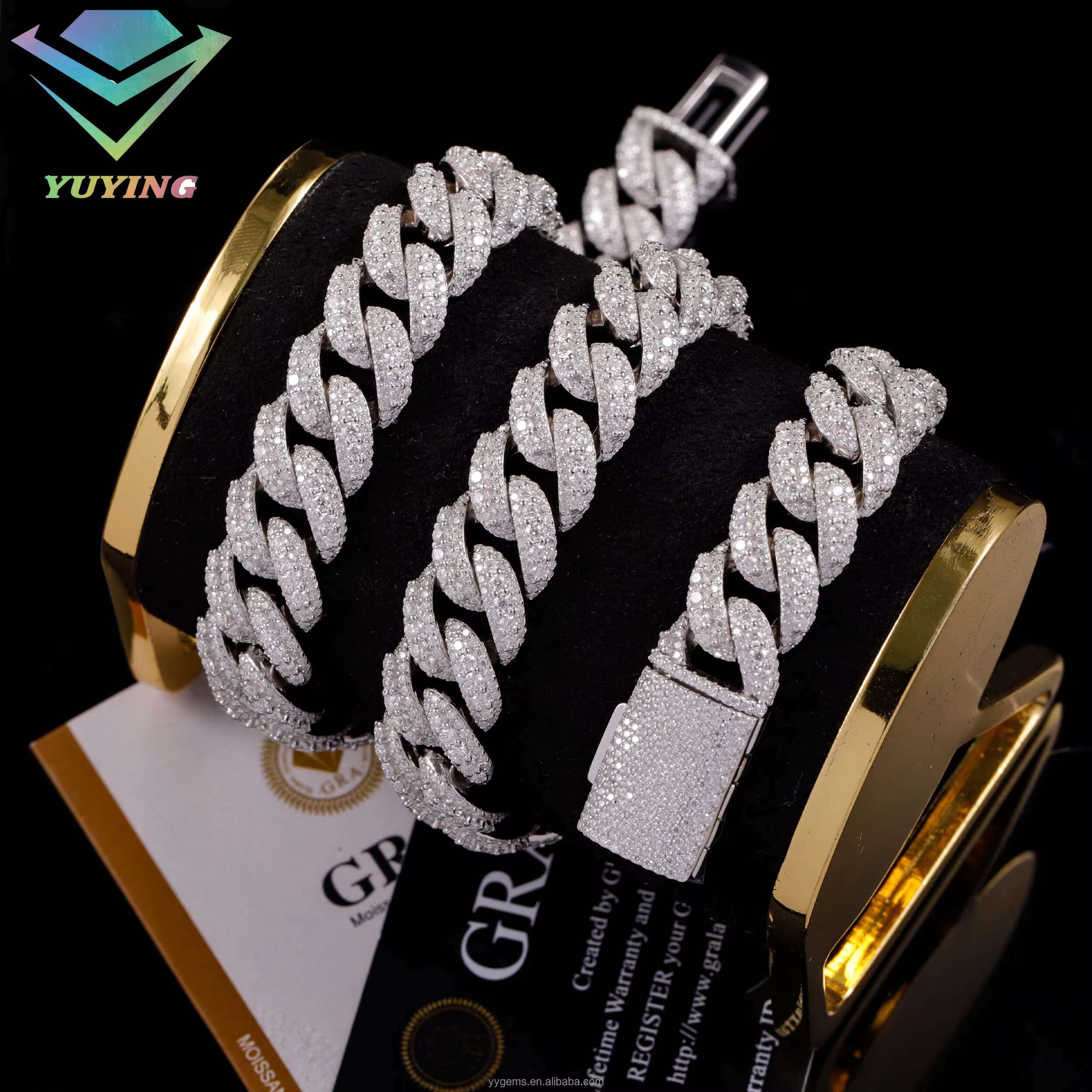 Large Moissanite Middle 14/16/18MM Wide Iced Out 3 Rows Cuban Link Chains Gold Plated 925 Silver VVS Moissanite Hip Hop Chains