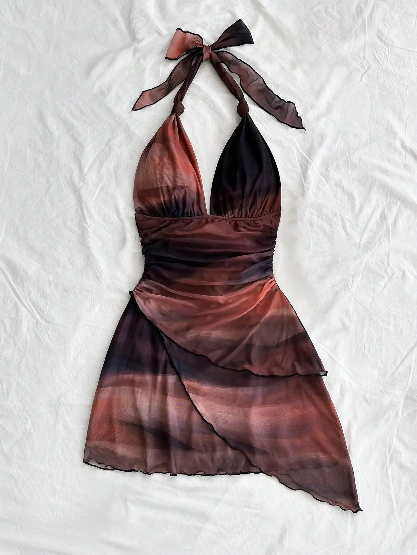European and American Fashion Gauze Printed Collar Sleeveless Sexy Tight Deep V-Short Sexy Pure Backless Dress 250408