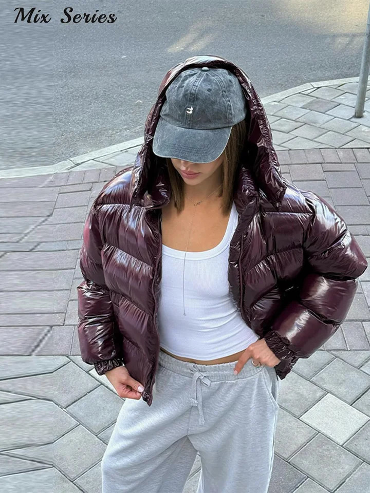 Fashion Glossy Padded Jacket Womens Solid Hooded Long Sleeve Warm Down Coat Autumn Winter Lady Casual Outerwear 251111