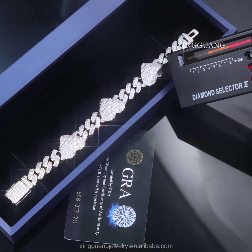 Cuban Chain Moissanite Diamonds 8MM 10MM 12MM Iced Out Hip Hop Heart Cuban Link Chain 925 Silver Plated 18K Gold Necklace