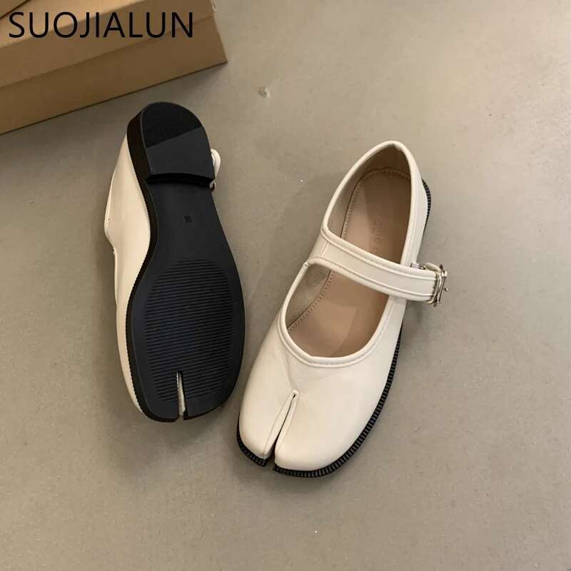 SUOJIALUN Autumn Women Fashion Split Toe Flat Heel Laofer Shallow Soft Leather Casual Outdoor Mary Jane Shoes