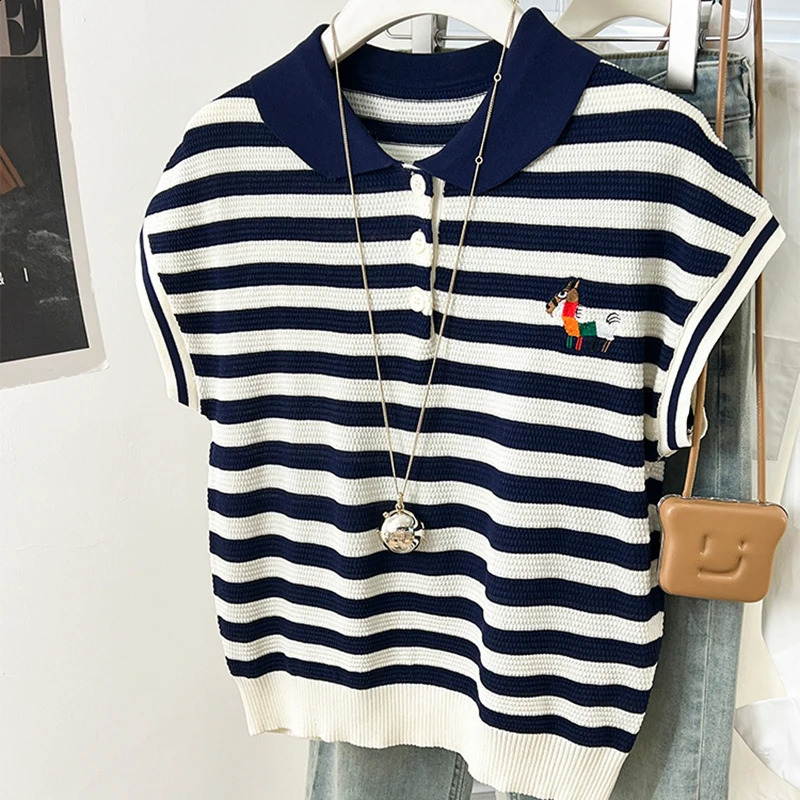 Summer womens spliced polo neck short sleeved knitted Tshirt fashionable contrasting color striped sweater loose top 250410