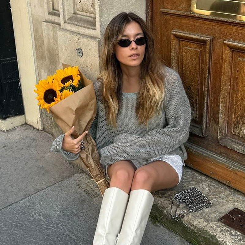 Fall women clothes Women's solid color hollowed out semi-sheer casual sweater round neck and long sleeve four seasons comfortable street loose to