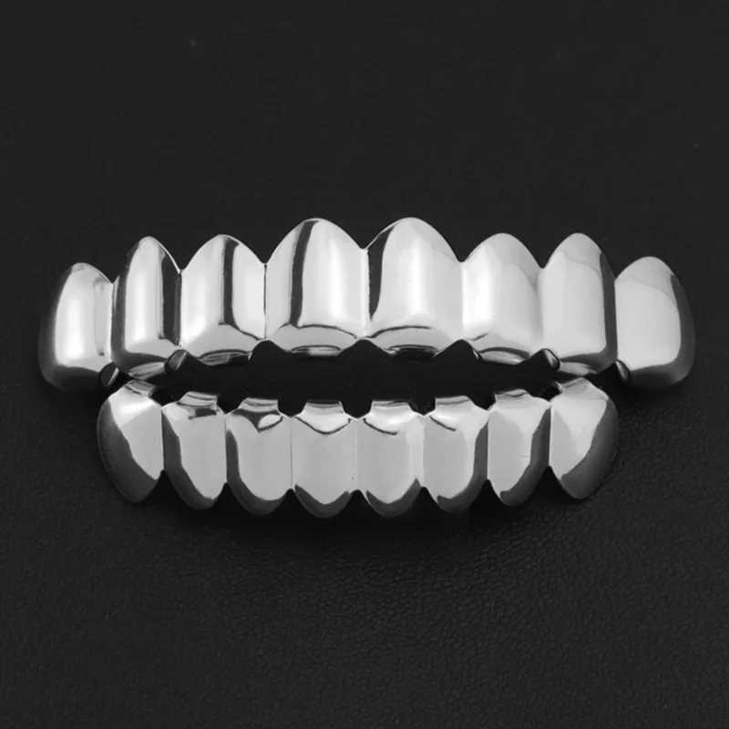Gold plated silver plated HIP HOP tooth grill top and bottom grills real shiny vampire tooth set with silicone tooth grill W250412