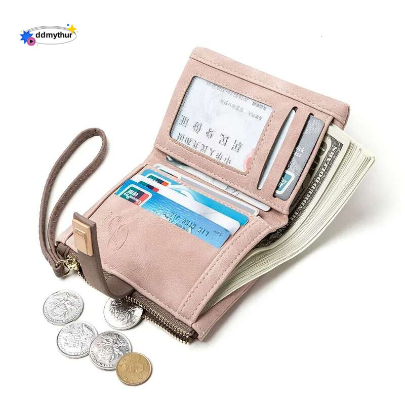 Fashion Female Wallet Short Leaf Print Women Small Nubuck Leather Purse with Wrist Strap ddmythur