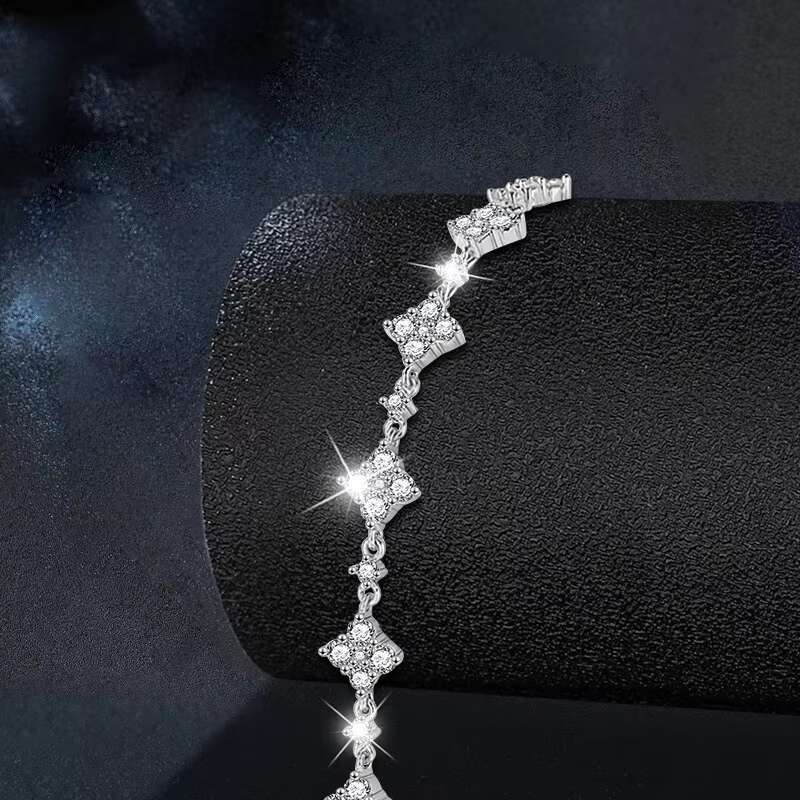 Adodo Factory Womens S925 Sterling Silver Moissanite Adjustable Bracelet with Four-leaf Clover Elegant Bangle Jewelry
