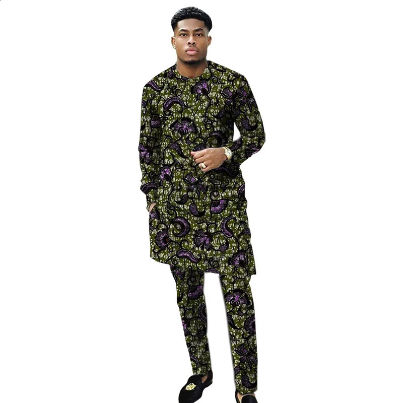 African clothing mens printed set with mens patches Ankara pants set custom wedding dress mens clothing 250411