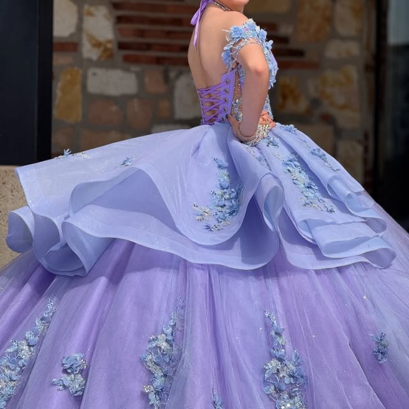Lavender Sky Blue Princess Quinceanera Dresses Off Shoulder Applique Flower Beads Tull Corset Sweet 16 Dress Ball Gown Vestidos 15 De Anos