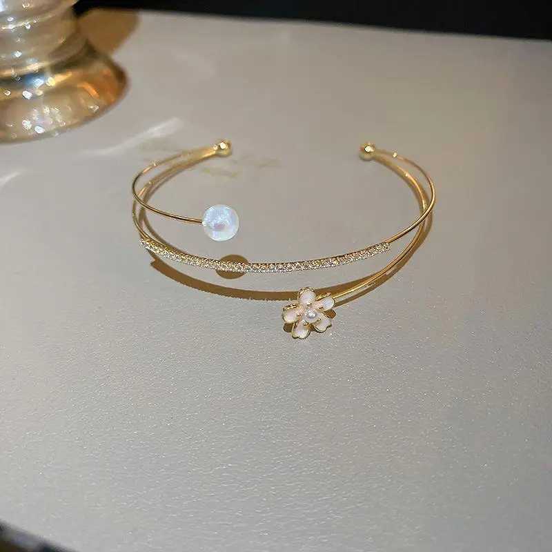 KADRUFI Luxury Zircon Flower Imitation Pearl Opening Bracelet Bangle Women Gold Color 3 Layer Korean Fashion Bangles JewelryC250411