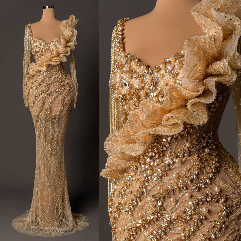 Luxury Beads Mermaid Prom Dress Black Girls Pearls Ruffles V Neck Birthday Party Evening Gowns Customized Robes de