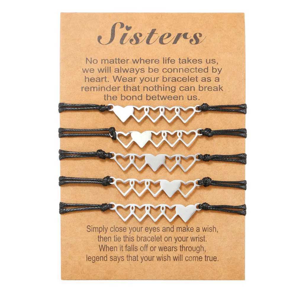 Fashion New Sisters Card Bracelet Stainless Steel 5 Linked Heart Woven Friendship Bracelet 5 Pieces Set WholesaleC250411