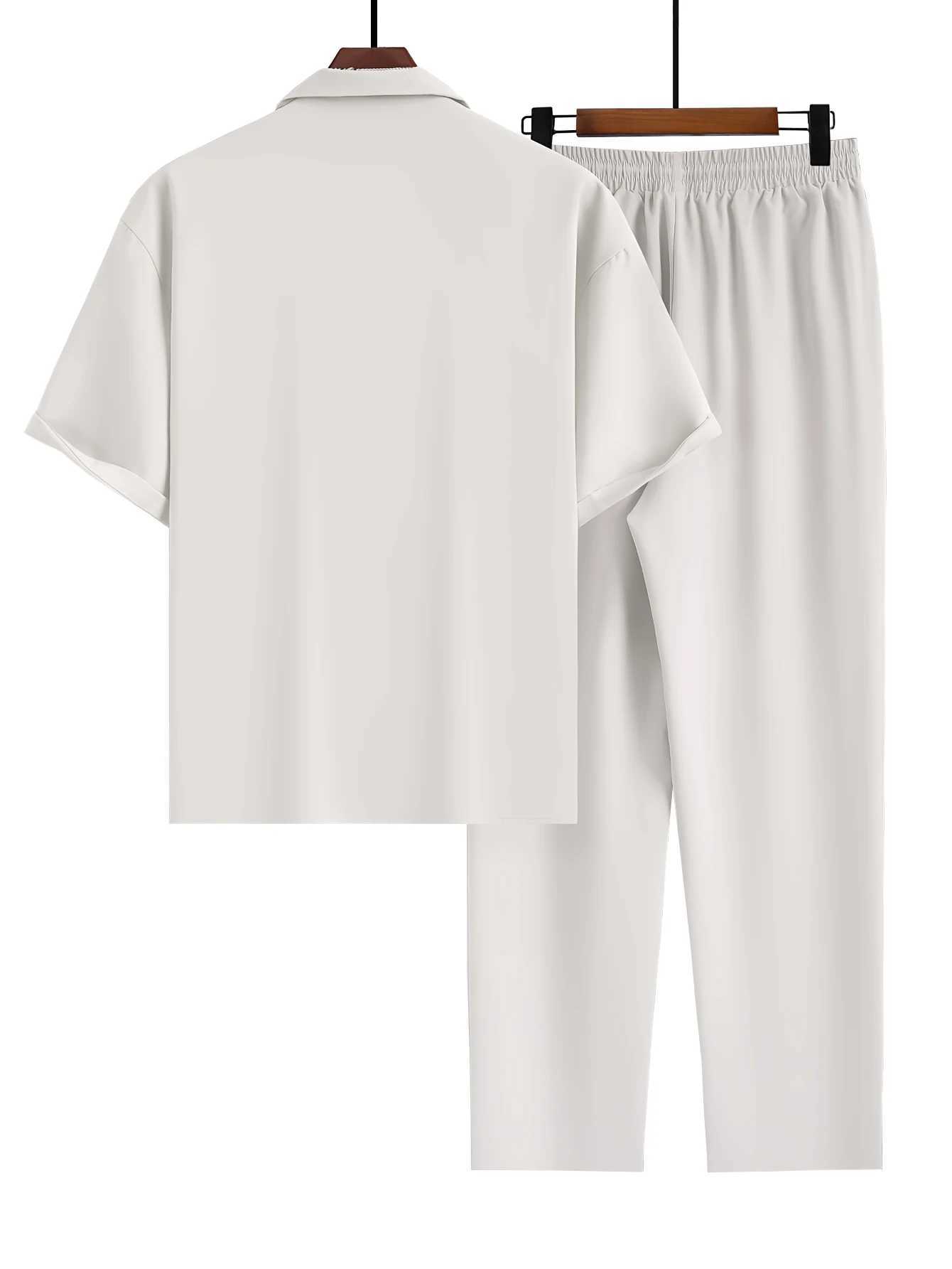 Mens suit collar short sleeved shirt+loose straight leg pants setXJ250412