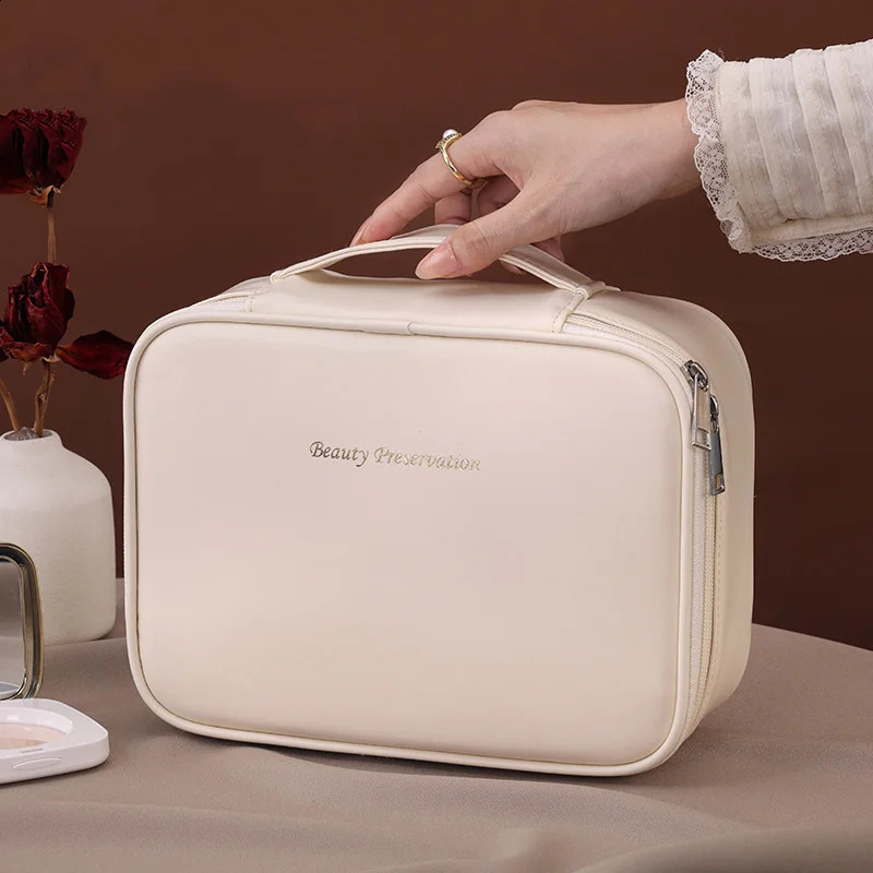 PU large capacity handbag makeup bag portable travel organizer Tolietry cosmetics storage bag womens double-layer bag 250410