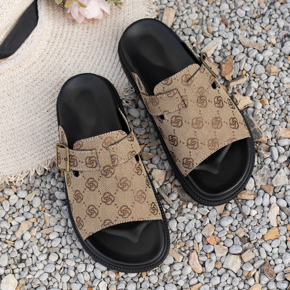 designer shoes new Women's large size flat slippers high-end thick sole European and American slip-on style with belt buckle and one-word Roman s