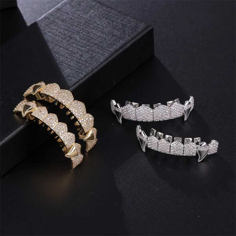 Htpwe Hip Hop Full CZ Stones Teeth Grillz Hat Cube Zircon Ice Out Mini Paving Mens and Womens Jewelry Top and Bottom Charm Grill W250412