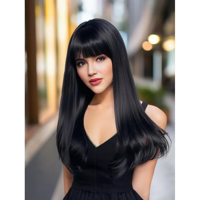 18inch en brown With Bangs Long Wavy Curly Glueless Fringe Unit Heat Resistant Synthetic Middle Part Full hine Made No Lace Scalp Costume Cosplay Hair