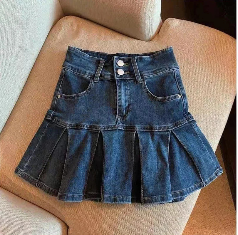 High-Waisted Denim Skirt Womens Pleated Retro Blue Skinny A-line Flanged Wrap Hip Skirt 250407