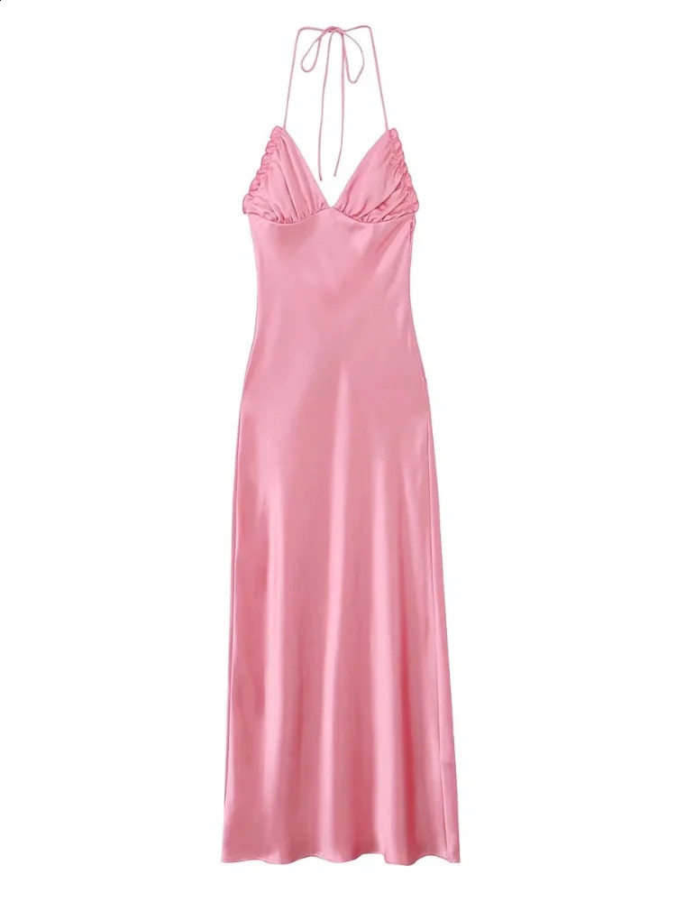 Womens pink satin camisole Maxi dress fashionable sleeveless backless high waisted slim fit long dress womens evening gown 250408