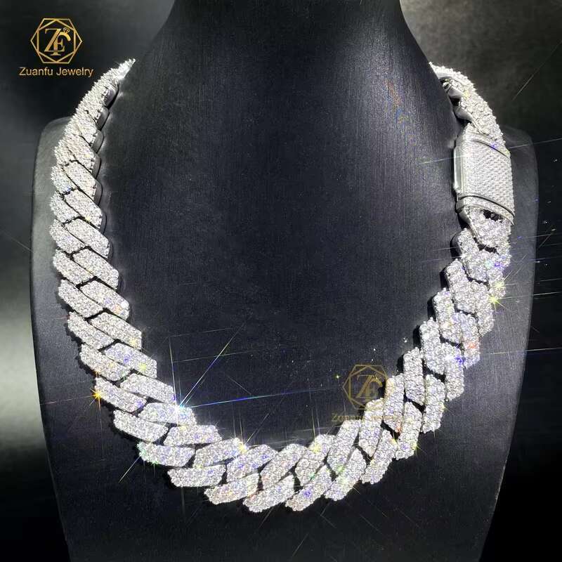Cuban Link Necklace 18mm-20mm Wide with 3 Rows GRA D/VVS Moissanite for Men Silver Plated Cuban Iced Out Prong Cuban Link Chain